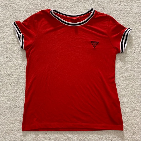Guess Red T-Shirt Retro Ringer‎ Tee Black Logo Short Sleeve Top Size S - Picture 1 of 6